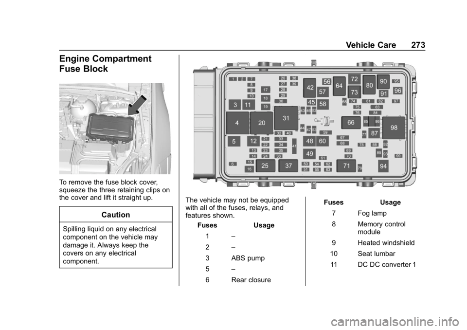BUICK REGAL SPORTBACK 2019 Owners Manual Buick Regal Owner Manual (GMNA-Localizing-U.S./Canada-12163021) -
2019 - CRC - 11/14/18
Vehicle Care 273
Engine Compartment
Fuse Block
To remove the fuse block cover,
squeeze the three retaining clips BUICK REGAL SPORTBACK 2019 Owners Manual Buick Regal Owner Manual (GMNA-Localizing-U.S./Canada-12163021) -
2019 - CRC - 11/14/18
Vehicle Care 273
Engine Compartment
Fuse Block
To remove the fuse block cover,
squeeze the three retaining clips