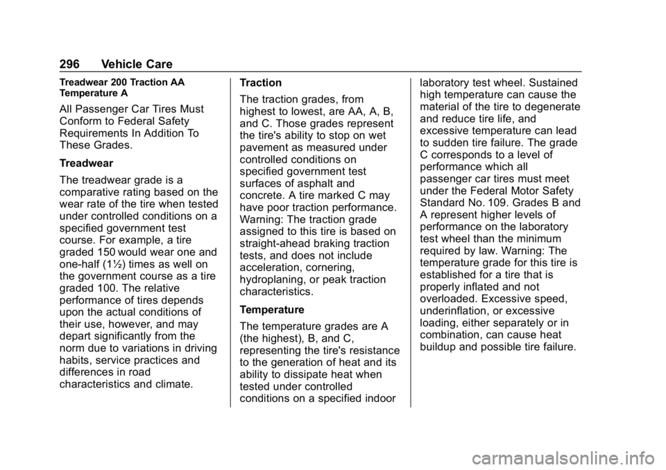 BUICK REGAL SPORTBACK 2019 Owners Guide Buick Regal Owner Manual (GMNA-Localizing-U.S./Canada-12163021) -
2019 - CRC - 11/14/18
296 Vehicle Care
Treadwear 200 Traction AA
Temperature A
All Passenger Car Tires Must
Conform to Federal Safety
