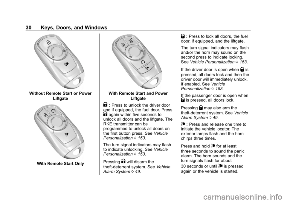 BUICK REGAL SPORTBACK 2019 Owners Guide Buick Regal Owner Manual (GMNA-Localizing-U.S./Canada-12163021) -
2019 - CRC - 11/14/18
30 Keys, Doors, and Windows
Without Remote Start or PowerLiftgate
With Remote Start Only
With Remote Start and P