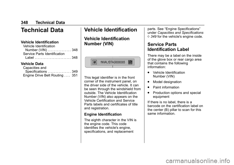 BUICK REGAL SPORTBACK 2019  Owners Manual Buick Regal Owner Manual (GMNA-Localizing-U.S./Canada-12163021) -
2019 - CRC - 11/14/18
348 Technical Data
Technical Data
Vehicle Identification
Vehicle IdentificationNumber (VIN) . . . . . . . . . . 