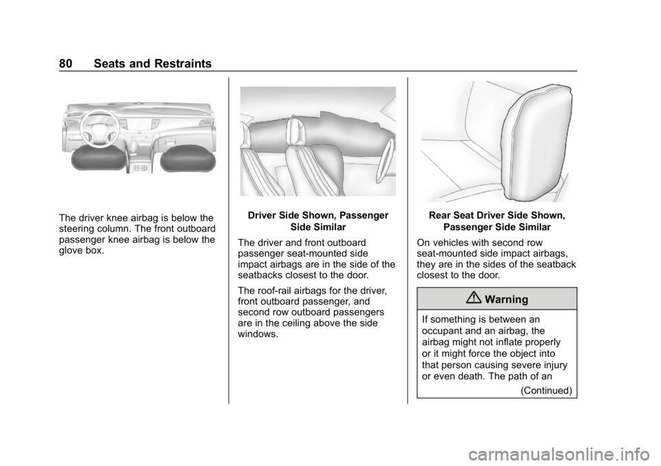 BUICK REGAL SPORTBACK 2019  Owners Manual Buick Regal Owner Manual (GMNA-Localizing-U.S./Canada-12163021) -
2019 - CRC - 11/14/18
80 Seats and Restraints
The driver knee airbag is below the
steering column. The front outboard
passenger knee a
