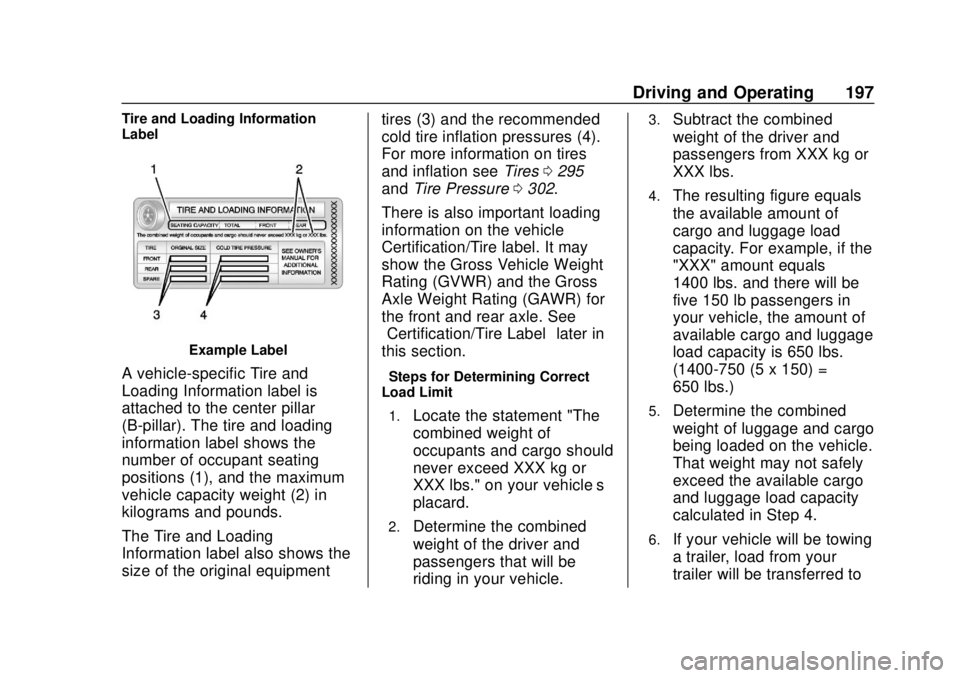 BUICK ENCLAVE 2018  Owners Manual Buick Enclave Owner Manual (GMNA-Localizing-U.S./Canada/Mexico-
10999311) - 2018 - crc - 11/20/17
Driving and Operating 197
Tire and Loading Information
Label
Example Label
A vehicle-specific Tire and