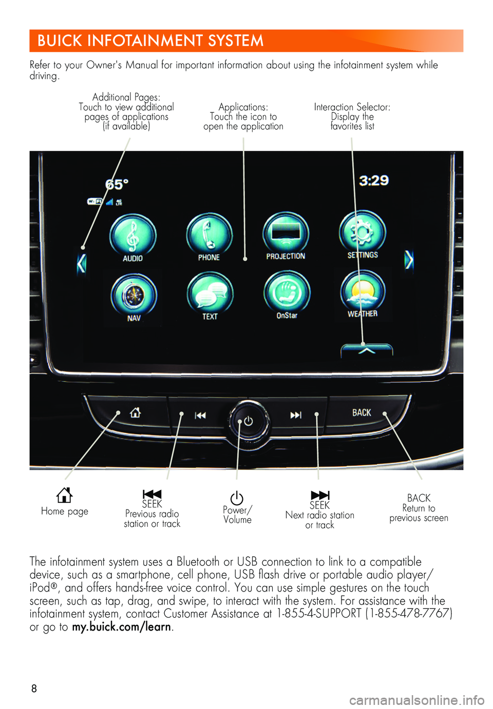 BUICK ENCORE 2018  Get To Know Guide 8
BUICK INFOTAINMENT SYSTEM
Refer to your Owner's Manual for important information about using the infotainment system while driving.
  Power/Volume
Interaction Selector: Display the  favorites li