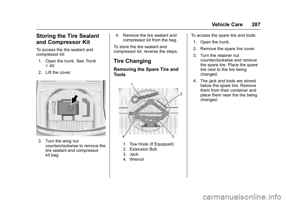 BUICK LACROSSE 2018 Owners Manual Buick LaCrosse Owner Manual (GMNA-Localizing-U.S./Canada-10999169) -
2018 - crc - 3/28/17
Vehicle Care 287
Storing the Tire Sealant
and Compressor Kit
To access the tire sealant and
compressor kit:1. BUICK LACROSSE 2018 Owners Manual Buick LaCrosse Owner Manual (GMNA-Localizing-U.S./Canada-10999169) -
2018 - crc - 3/28/17
Vehicle Care 287
Storing the Tire Sealant
and Compressor Kit
To access the tire sealant and
compressor kit:1.