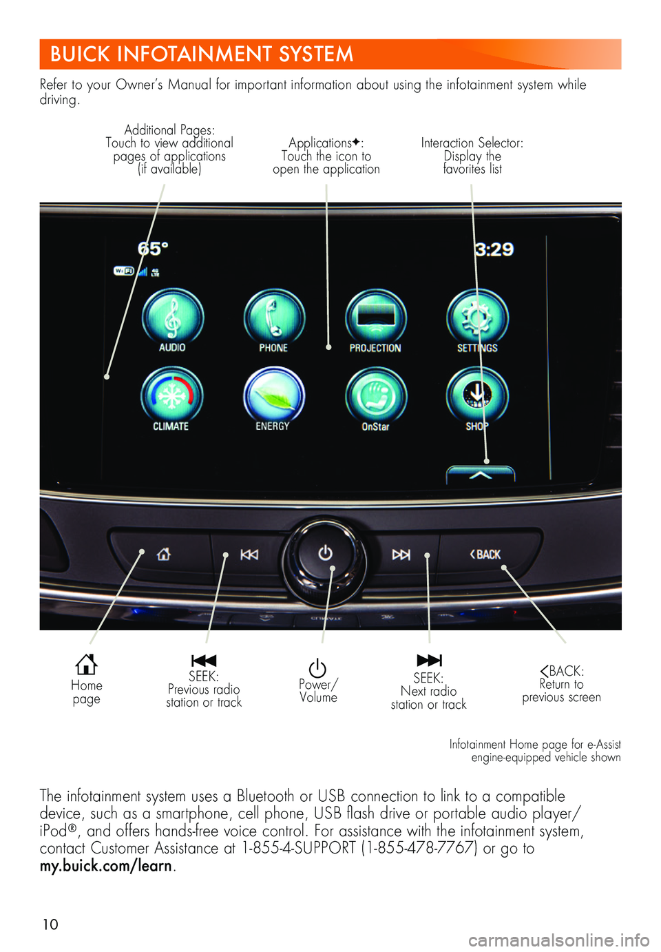 BUICK LACROSSE 2018  Get To Know Guide 10
BUICK INFOTAINMENT SYSTEM
Refer to your Owner’s Manual for important information about using the infotainment system while driving.
  Power/Volume
Interaction Selector: Display the  favorites lis