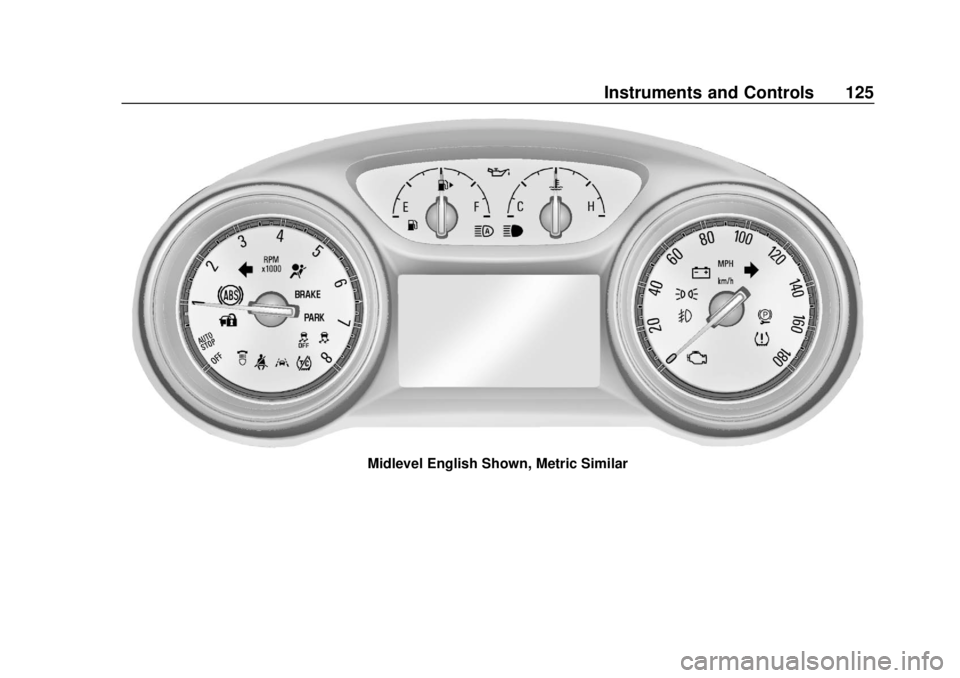 BUICK REGAL 2018 Owners Manual Buick Regal Owner Manual (GMNA-Localizing-2nd Timed Print-U.S./Canada-
11486030) - 2018 - crc - 3/23/18
Instruments and Controls 125
Midlevel English Shown, Metric Similar BUICK REGAL 2018 Owners Manual Buick Regal Owner Manual (GMNA-Localizing-2nd Timed Print-U.S./Canada-
11486030) - 2018 - crc - 3/23/18
Instruments and Controls 125
Midlevel English Shown, Metric Similar