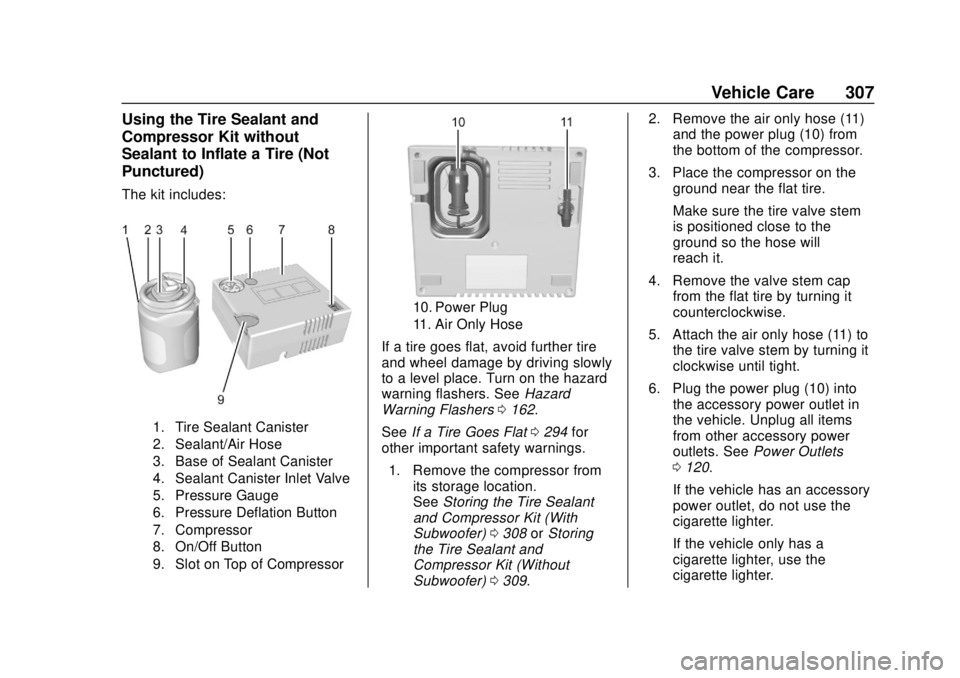 BUICK REGAL 2018  Owners Manual Buick Regal Owner Manual (GMNA-Localizing-2nd Timed Print-U.S./Canada-
11486030) - 2018 - crc - 3/23/18
Vehicle Care 307
Using the Tire Sealant and
Compressor Kit without
Sealant to Inflate a Tire (No