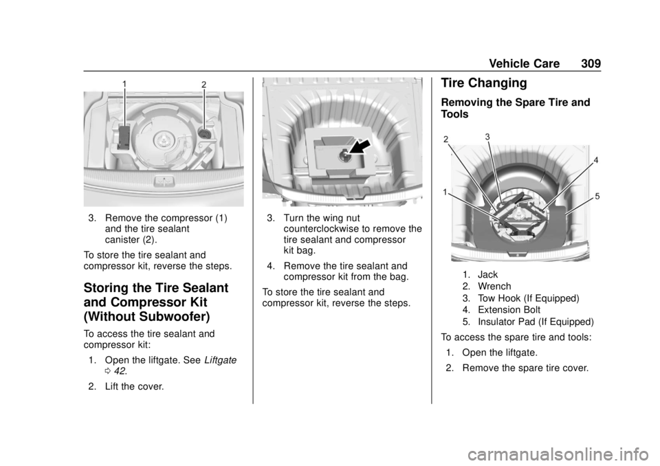 BUICK REGAL 2018  Owners Manual Buick Regal Owner Manual (GMNA-Localizing-2nd Timed Print-U.S./Canada-
11486030) - 2018 - crc - 3/23/18
Vehicle Care 309
3. Remove the compressor (1)and the tire sealant
canister (2).
To store the tir