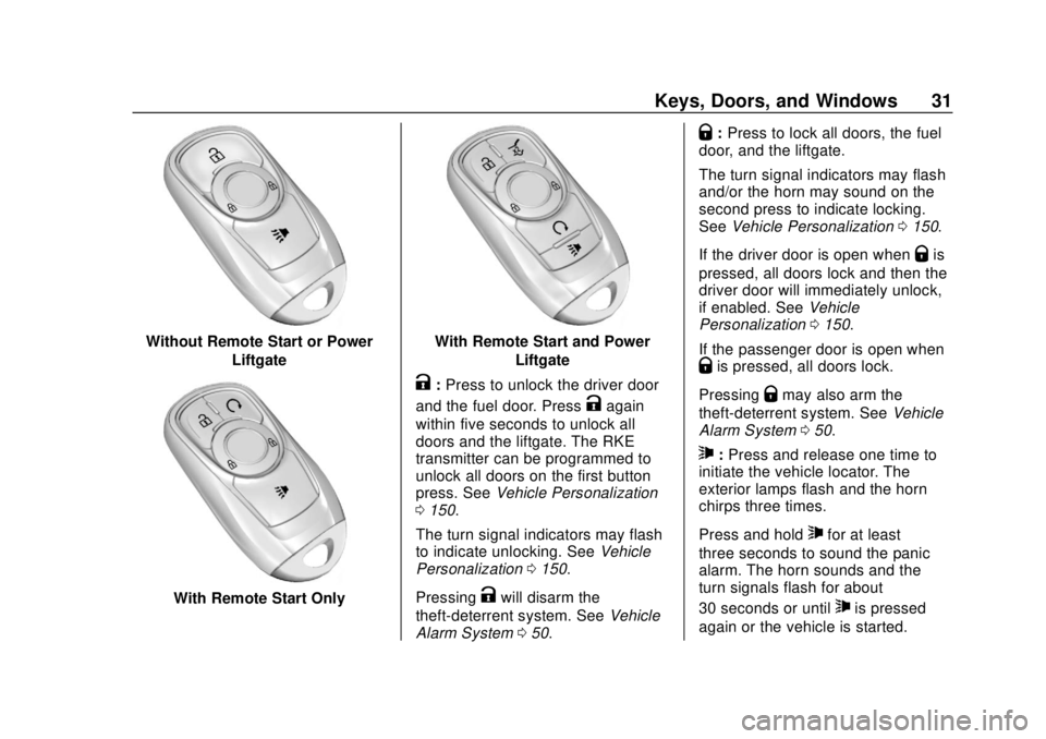 BUICK REGAL 2018 Owners Guide Buick Regal Owner Manual (GMNA-Localizing-2nd Timed Print-U.S./Canada-
11486030) - 2018 - crc - 3/23/18
Keys, Doors, and Windows 31
Without Remote Start or PowerLiftgate
With Remote Start Only
With Re