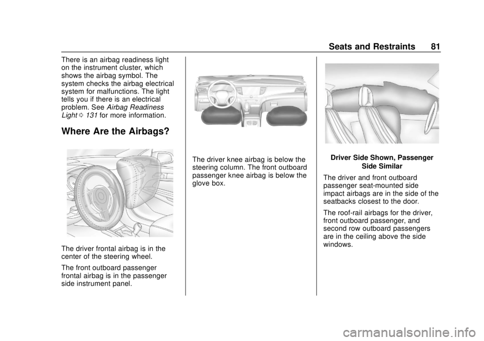 BUICK REGAL 2018  Owners Manual Buick Regal Owner Manual (GMNA-Localizing-2nd Timed Print-U.S./Canada-
11486030) - 2018 - crc - 3/23/18
Seats and Restraints 81
There is an airbag readiness light
on the instrument cluster, which
show