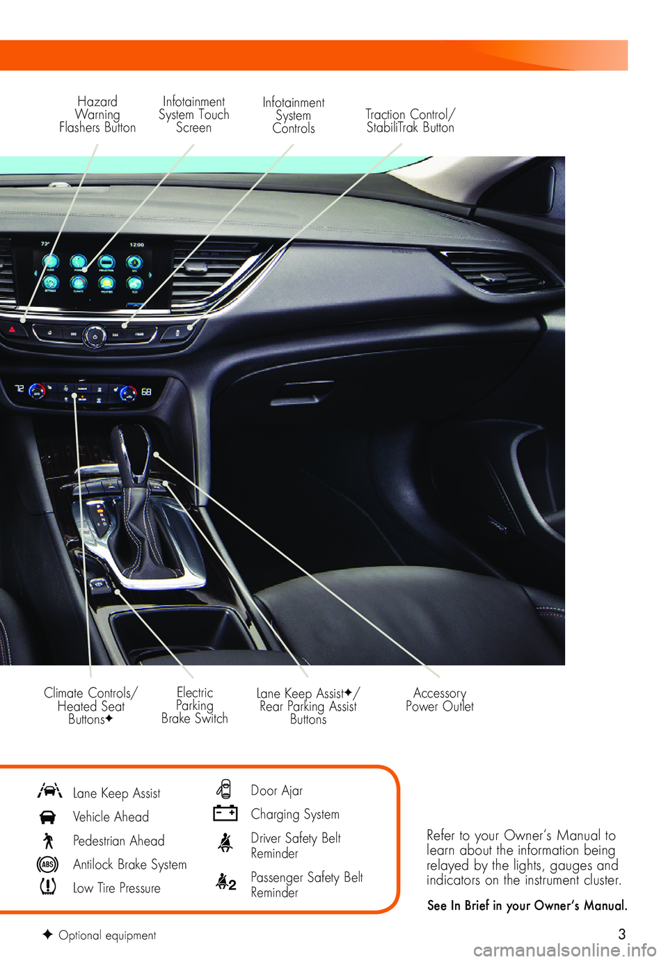 BUICK REGAL SPORTBACK 2018 Get To Know Guide 3
Refer to your Owner‘s Manual to learn about the information being relayed by the lights, gauges and indicators on the instrument cluster.
See In Brief in your Owner‘s Manual.
Hazard Warning Flas BUICK REGAL SPORTBACK 2018 Get To Know Guide 3
Refer to your Owner‘s Manual to learn about the information being relayed by the lights, gauges and indicators on the instrument cluster.
See In Brief in your Owner‘s Manual.
Hazard Warning Flas