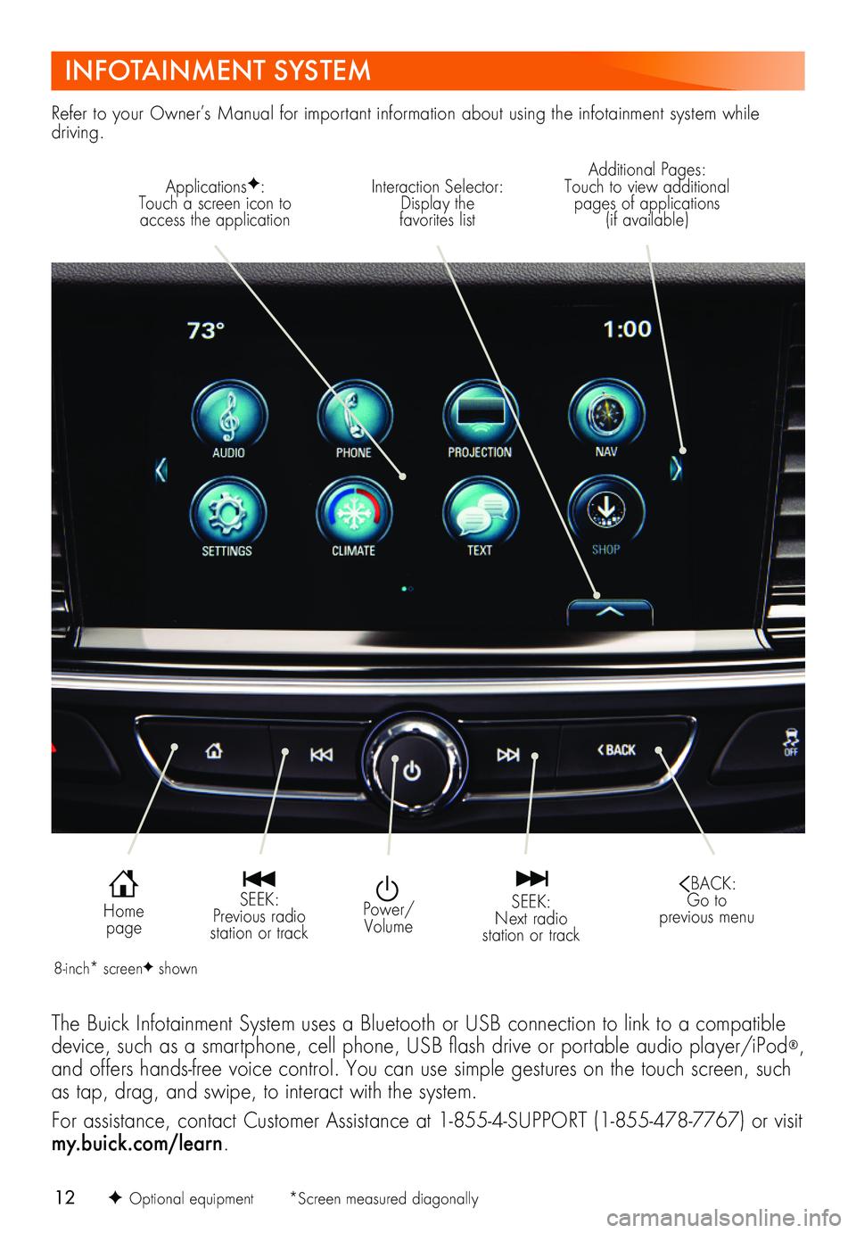 BUICK REGAL TOURX 2018  Get To Know Guide 12
INFOTAINMENT SYSTEM
ApplicationsF: Touch a screen icon to access the application
Interaction Selector: Display the  favorites list
Additional Pages: Touch to view additional pages of applications  