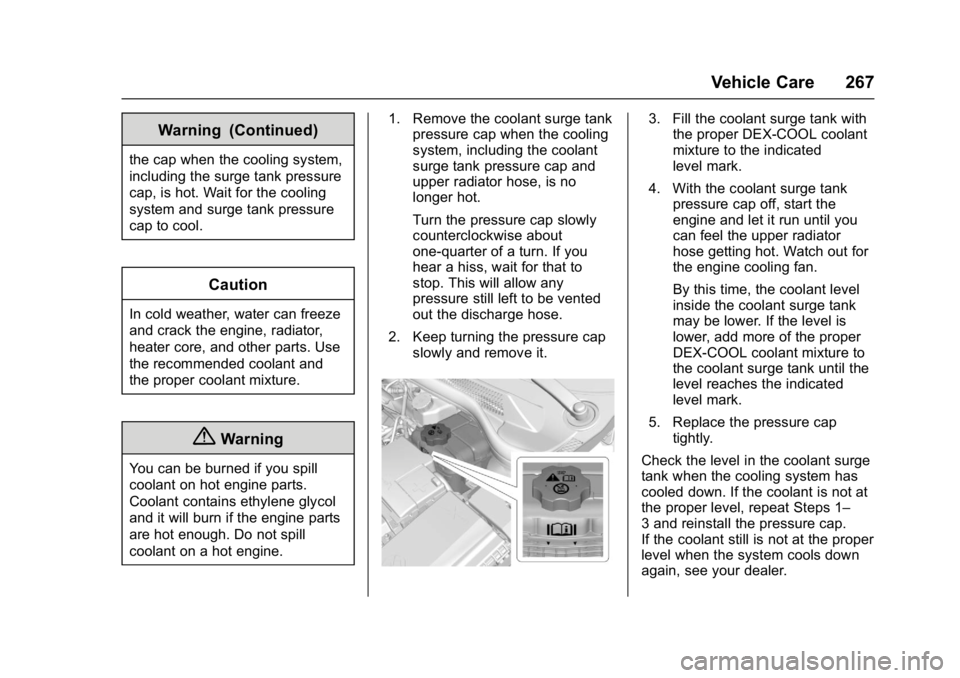 BUICK CASCADA 2017  Owners Manual Buick Cascada Owner Manual (GMNA-Localizing-U.S.-9967834) - 2017 - crc -
7/18/16
Vehicle Care 267
Warning (Continued)
the cap when the cooling system,
including the surge tank pressure
cap, is hot. Wa