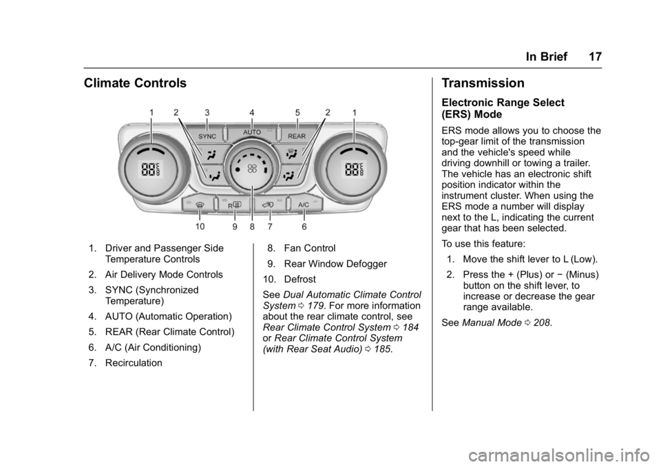 BUICK ENCLAVE 2017  Owners Manual Buick Enclave Owner Manual (GMNA-Localizing-U.S./Canada/Mexico-
9955666) - 2017 - crc - 8/4/16
In Brief 17
Climate Controls
1. Driver and Passenger SideTemperature Controls
2. Air Delivery Mode Contro