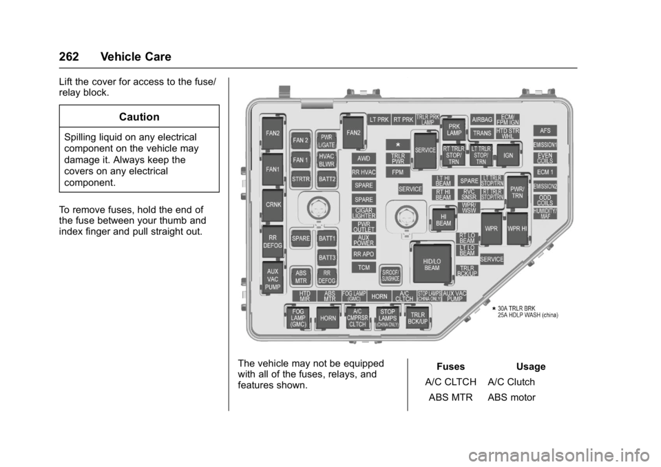 BUICK ENCLAVE 2017  Owners Manual Buick Enclave Owner Manual (GMNA-Localizing-U.S./Canada/Mexico-
9955666) - 2017 - crc - 8/4/16
262 Vehicle Care
Lift the cover for access to the fuse/
relay block.
Caution
Spilling liquid on any elect