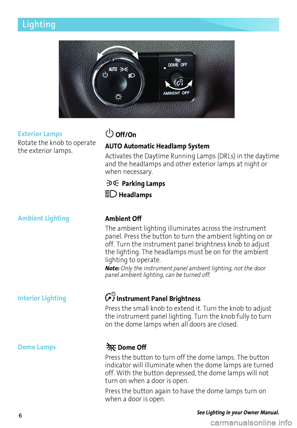 BUICK ENCLAVE 2017  Get To Know Guide 6
Lighting
 Off/On 
AUTO Automatic Headlamp System
Activates the Daytime Running Lamps (DRLs) in the  daytime and the headlamps and other exterior lamps at night or when necessary.
 Parking Lamps
 Hea