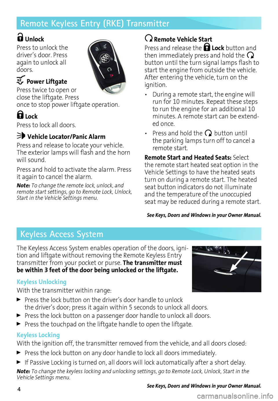 BUICK ENVISION 2017  Get To Know Guide 4
Remote Keyless Entry (RKE) Transmitter 
Keyless Access System
 Unlock 
Press to unlock the driver’s door. Press again to unlock all doors.
 Power Liftgate
Press twice to open or close the liftgate