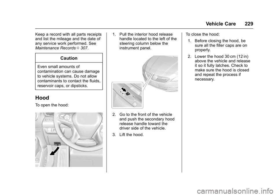 BUICK LACROSSE 2017  Owners Manual Buick LaCrosse Owner Manual (GMNA-Localizing-U.S./Canada-9803782) -
2017 - crc - 9/7/16
Vehicle Care 229
Keep a record with all parts receipts
and list the mileage and the date of
any service work per