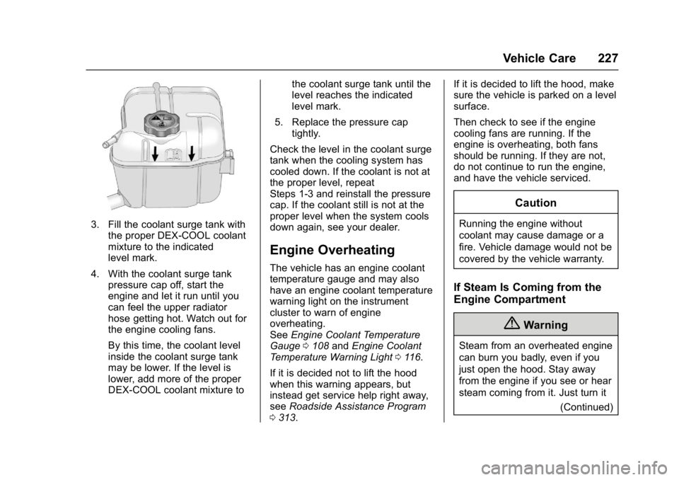 BUICK REGAL 2017  Owners Manual Buick Regal Owner Manual (GMNA-Localizing-U.S./Canada/Mexico-
9804381) - 2017 - crc - 8/30/16
Vehicle Care 227
3. Fill the coolant surge tank withthe proper DEX-COOL coolant
mixture to the indicated
l