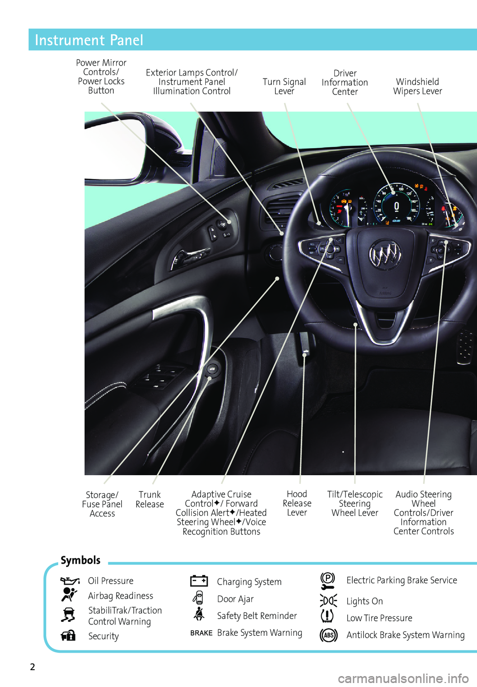 BUICK REGAL 2017 Get To Know Guide 2
Exterior Lamps Control/Instrument Panel
Illumination Control Turn Signal
Lever
Power Mirror
Controls/
Power Locks Button Driver
Information Center
Tilt/Telescopic Steering
Wheel Lever
Adapti BUICK REGAL 2017 Get To Know Guide 2
Exterior Lamps Control/Instrument Panel
Illumination Control Turn Signal
Lever
Power Mirror
Controls/
Power Locks Button Driver
Information Center
Tilt/Telescopic Steering
Wheel Lever
Adapti