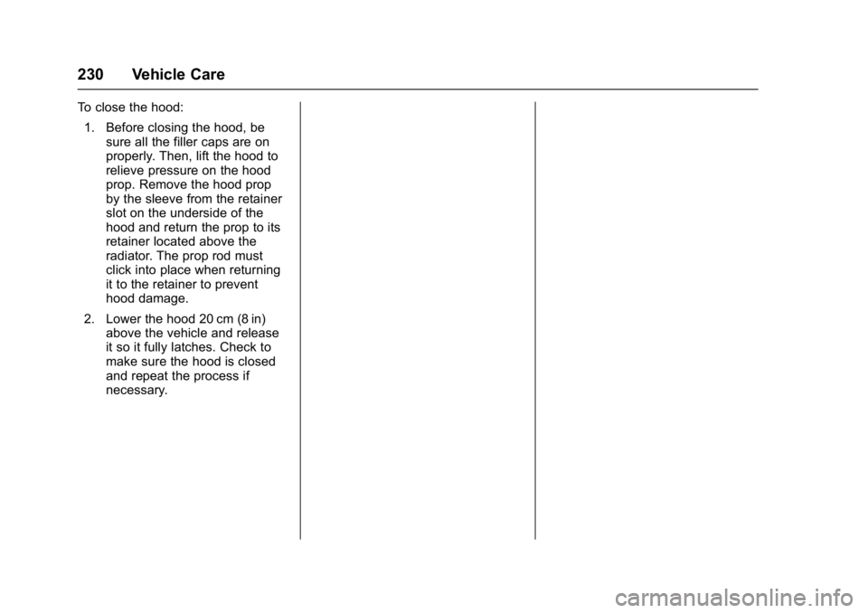 BUICK VERANO 2017  Owners Manual Buick Verano Owner Manual (GMNA- Localizing-U.S./Canada-10122753) -
2017 - crc - 5/16/16
230 Vehicle Care
To close the hood:1. Before closing the hood, be sure all the filler caps are on
properly. The