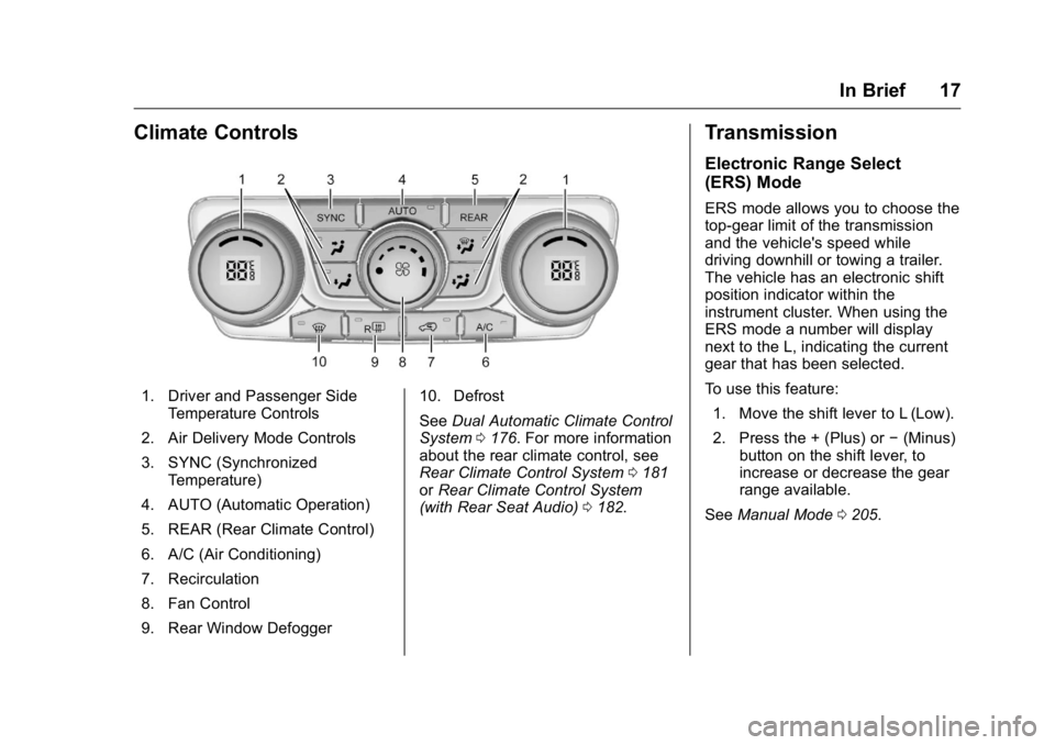 BUICK ENCLAVE 2016 User Guide Buick Enclave Owner Manual (GMNA-Localizing-U.S./Canada/Mexico-
9159225) - 2016 - crc - 7/31/15
In Brief 17
Climate Controls
1. Driver and Passenger SideTemperature Controls
2. Air Delivery Mode Contr