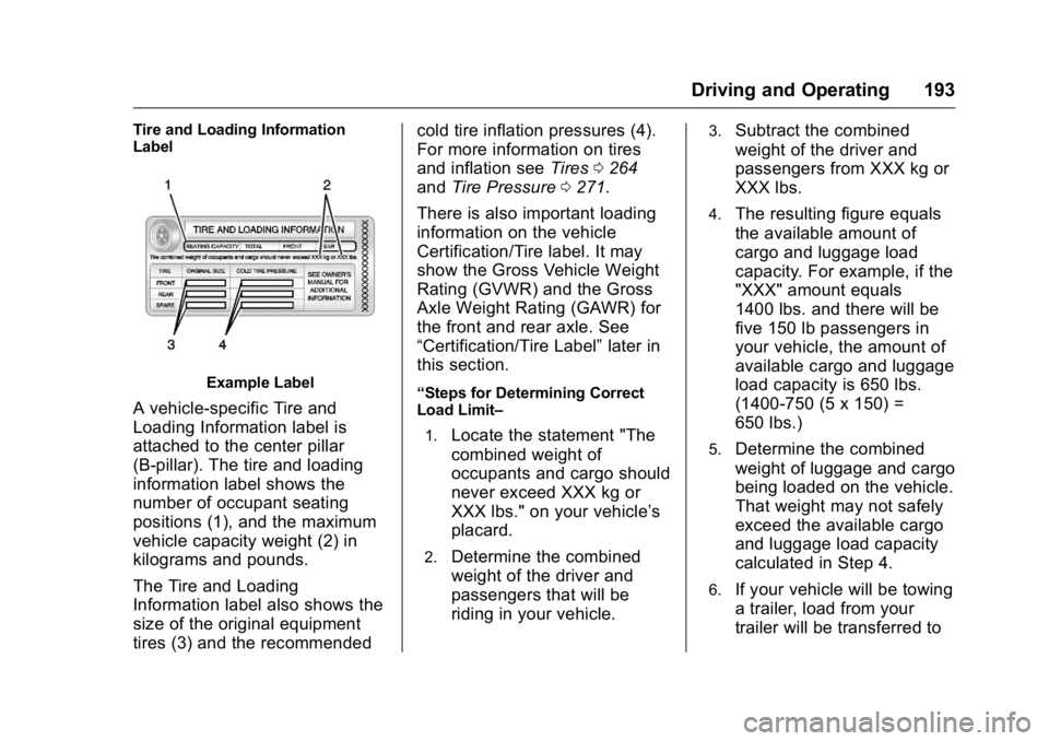 BUICK ENCLAVE 2016  Owners Manual Buick Enclave Owner Manual (GMNA-Localizing-U.S./Canada/Mexico-
9159225) - 2016 - crc - 7/31/15
Driving and Operating 193
Tire and Loading Information
Label
Example Label
A vehicle-specific Tire and
L