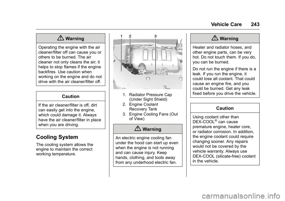 BUICK ENCLAVE 2016 Owners Manual Buick Enclave Owner Manual (GMNA-Localizing-U.S./Canada/Mexico-
9159225) - 2016 - crc - 7/31/15
Vehicle Care 243
{Warning
Operating the engine with the air
cleaner/filter off can cause you or
others t BUICK ENCLAVE 2016 Owners Manual Buick Enclave Owner Manual (GMNA-Localizing-U.S./Canada/Mexico-
9159225) - 2016 - crc - 7/31/15
Vehicle Care 243
{Warning
Operating the engine with the air
cleaner/filter off can cause you or
others t