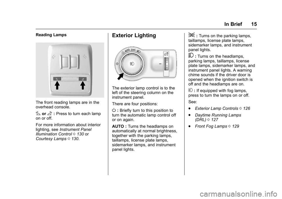 BUICK ENCORE 2016  Owners Manual Buick Encore Owner Manual (GMNA-Localizing-U.S./Canada/Mexico-
9234779) - 2016 - CRC - 1/5/16
In Brief 15
Reading Lamps
The front reading lamps are in the
overhead console.
#or$:Press to turn each lam