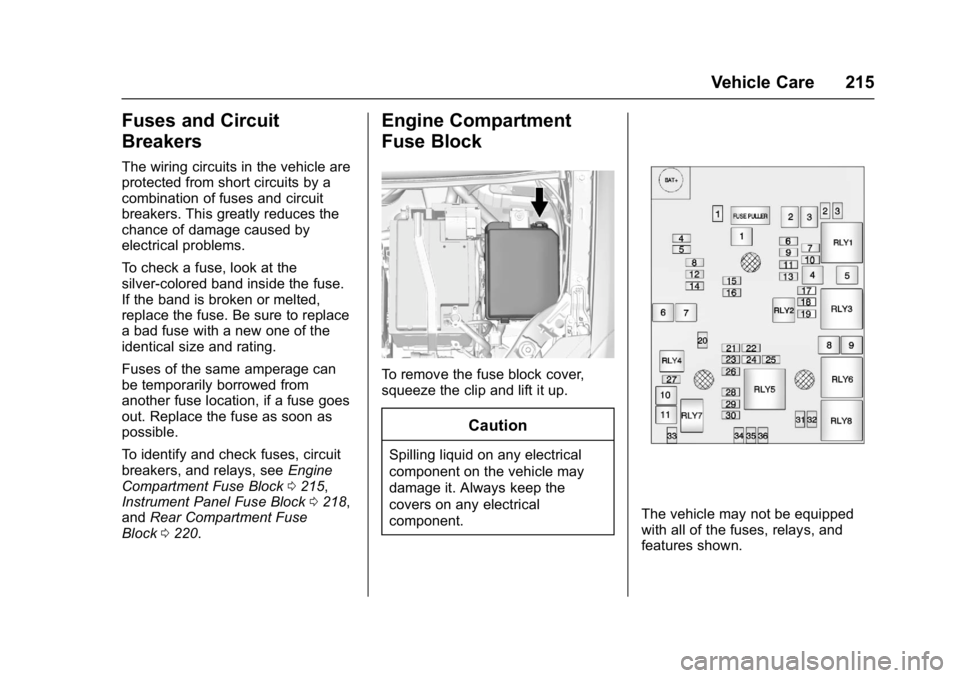 BUICK ENCORE 2016  Owners Manual Buick Encore Owner Manual (GMNA-Localizing-U.S./Canada/Mexico-
9234779) - 2016 - CRC - 1/5/16
Vehicle Care 215
Fuses and Circuit
Breakers
The wiring circuits in the vehicle are
protected from short ci