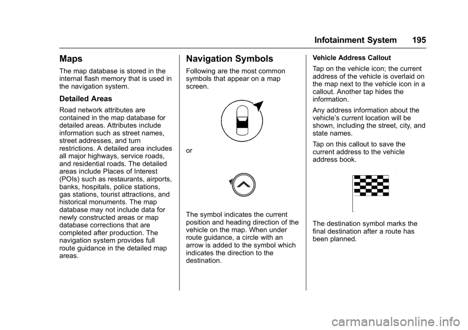 BUICK ENVISION 2016 Owners Manual Buick Envision Owner Manual (GMNA-Localizing-U.S./Canada/Mexico-
8534310) - 2016 - crc - 2/29/16
Infotainment System 195
Maps
The map database is stored in the
internal flash memory that is used in
th BUICK ENVISION 2016 Owners Manual Buick Envision Owner Manual (GMNA-Localizing-U.S./Canada/Mexico-
8534310) - 2016 - crc - 2/29/16
Infotainment System 195
Maps
The map database is stored in the
internal flash memory that is used in
th