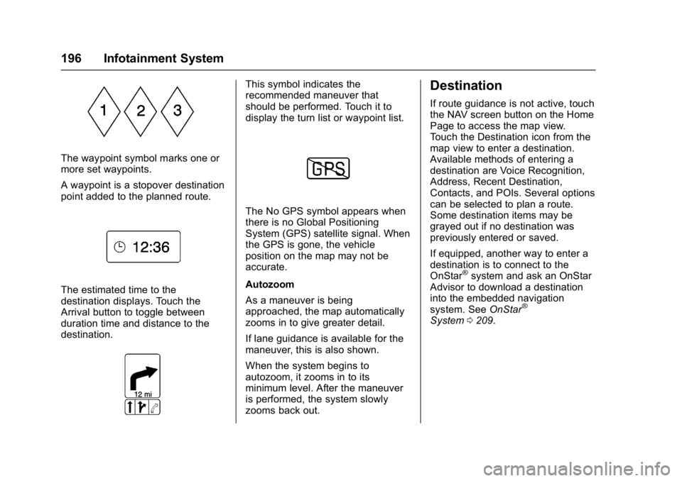 BUICK ENVISION 2016 Owners Manual Buick Envision Owner Manual (GMNA-Localizing-U.S./Canada/Mexico-
8534310) - 2016 - crc - 2/29/16
196 Infotainment System
The waypoint symbol marks one or
more set waypoints.
A waypoint is a stopover d BUICK ENVISION 2016 Owners Manual Buick Envision Owner Manual (GMNA-Localizing-U.S./Canada/Mexico-
8534310) - 2016 - crc - 2/29/16
196 Infotainment System
The waypoint symbol marks one or
more set waypoints.
A waypoint is a stopover d