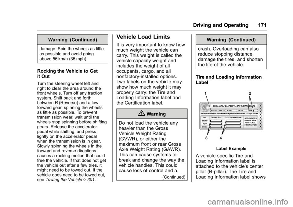 BUICK LACROSSE 2016  Owners Manual Buick LaCrosse Owner Manual (GMNA-Localizing-U.S./Canada/Mexico-
9159288) - 2016 - CRC - 10/5/15
Driving and Operating 171
Warning (Continued)
damage. Spin the wheels as little
as possible and avoid g