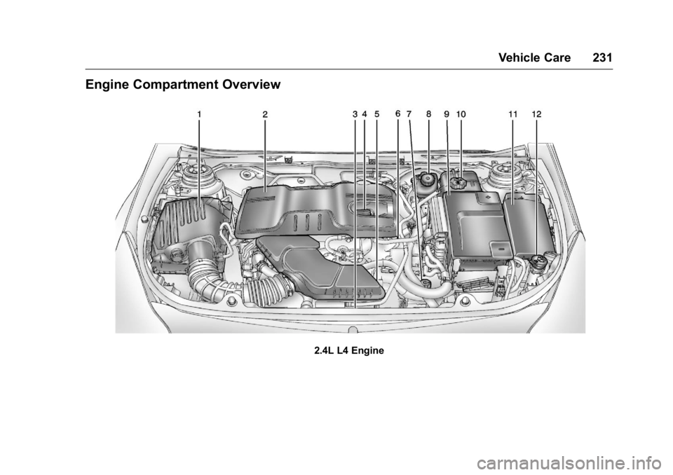 BUICK LACROSSE 2016  Owners Manual Buick LaCrosse Owner Manual (GMNA-Localizing-U.S./Canada/Mexico-
9159288) - 2016 - CRC - 10/5/15
Vehicle Care 231
Engine Compartment Overview
2.4L L4 Engine 