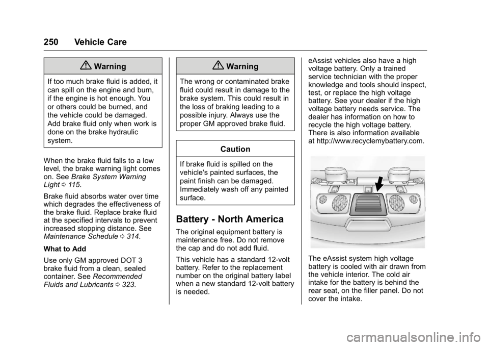 BUICK LACROSSE 2016  Owners Manual Buick LaCrosse Owner Manual (GMNA-Localizing-U.S./Canada/Mexico-
9159288) - 2016 - CRC - 10/5/15
250 Vehicle Care
{Warning
If too much brake fluid is added, it
can spill on the engine and burn,
if the
