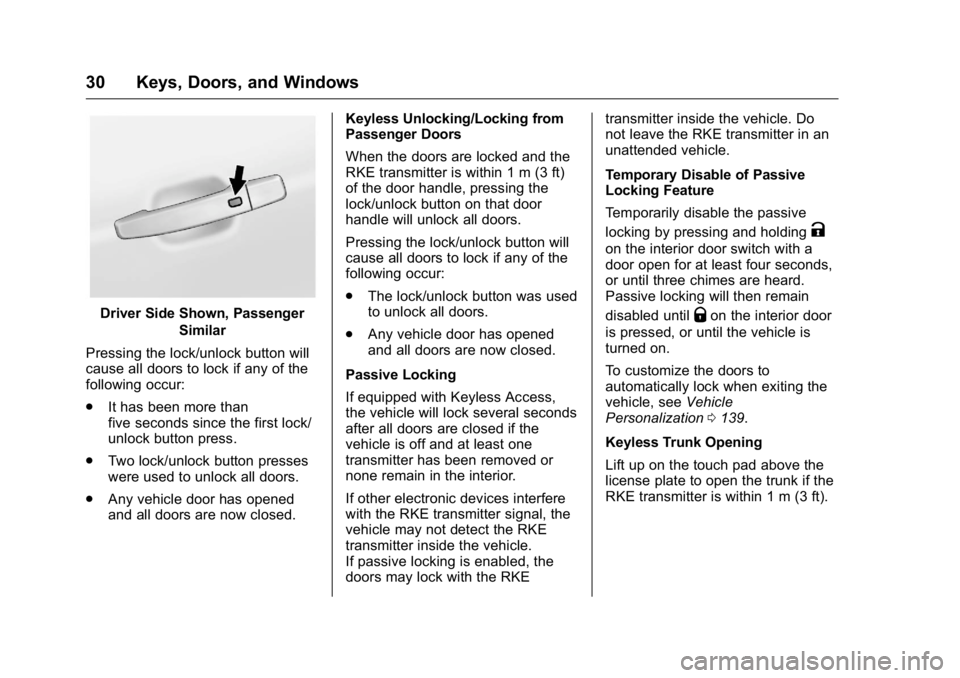 BUICK LACROSSE 2016  Owners Manual Buick LaCrosse Owner Manual (GMNA-Localizing-U.S./Canada/Mexico-
9159288) - 2016 - CRC - 10/5/15
30 Keys, Doors, and Windows
Driver Side Shown, PassengerSimilar
Pressing the lock/unlock button will
ca