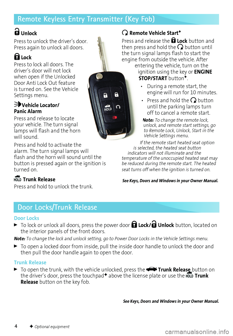 BUICK LACROSSE 2016  Get To Know Guide 4
Remote Keyless Entry Transmitter (Key Fob) 
 Unlock 
Press to unlock the driver’s door. Press again to unlock all doors.
 Lock
Press to lock all doors. The driver’s door will not lock when open 