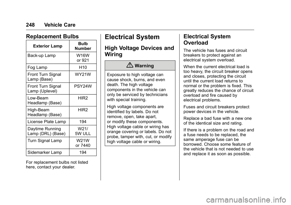 BUICK REGAL 2016  Owners Manual Buick Regal Owner Manual (GMNA-Localizing-U.S./Canada/Mexico-
9159380) - 2016 - CRC - 2/23/16
248 Vehicle Care
Replacement Bulbs
Exterior LampBulb
Number
Back-up Lamp W16W or 921
Fog Lamp H10
Front Tu