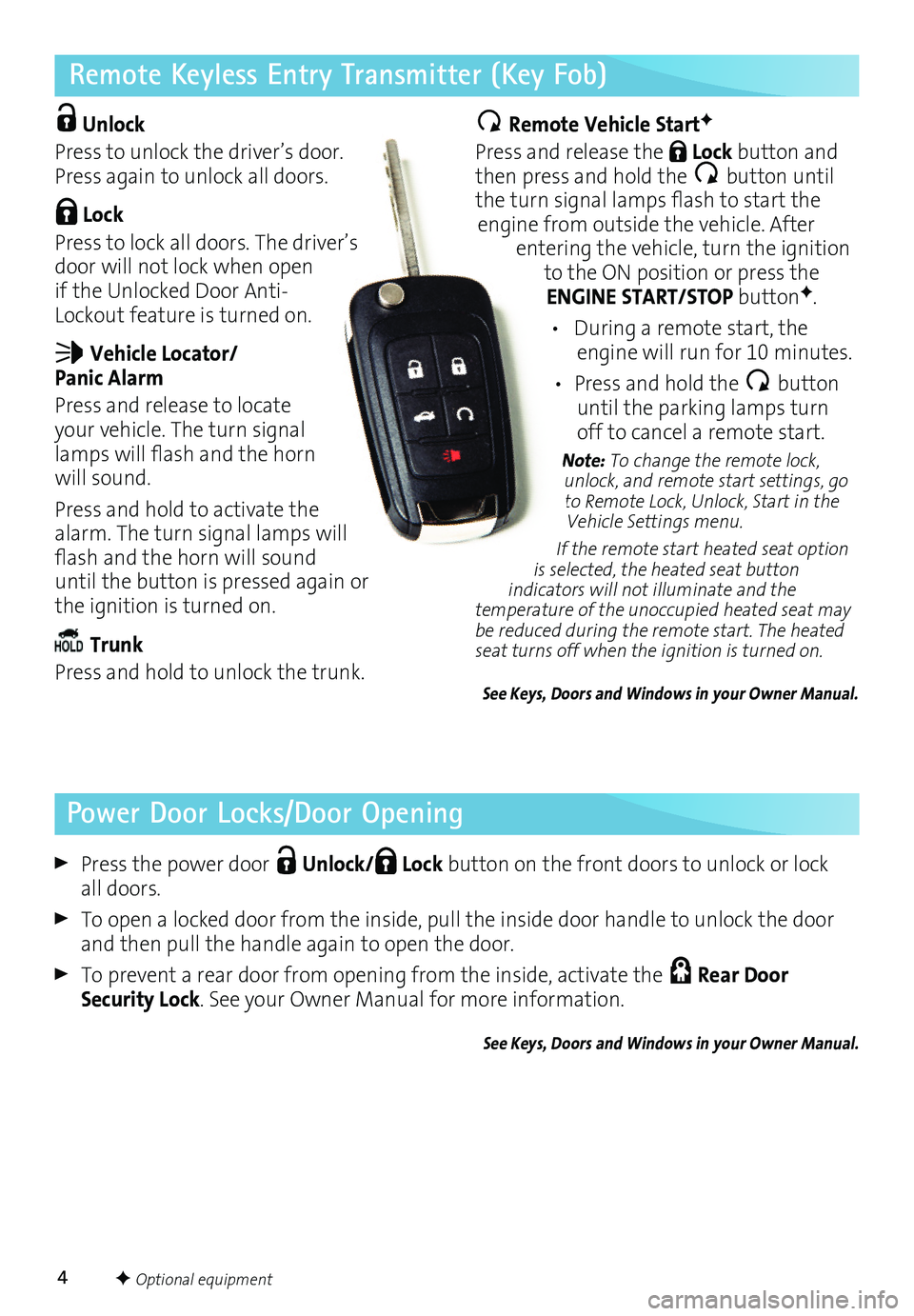 BUICK REGAL 2016  Get To Know Guide 4
Remote Keyless Entry Transmitter (Key Fob) 
 Unlock 
Press to unlock the driver’s door. Press again to unlock all doors.
 Lock 
Press to lock all doors. The driver’s door will not lock when open