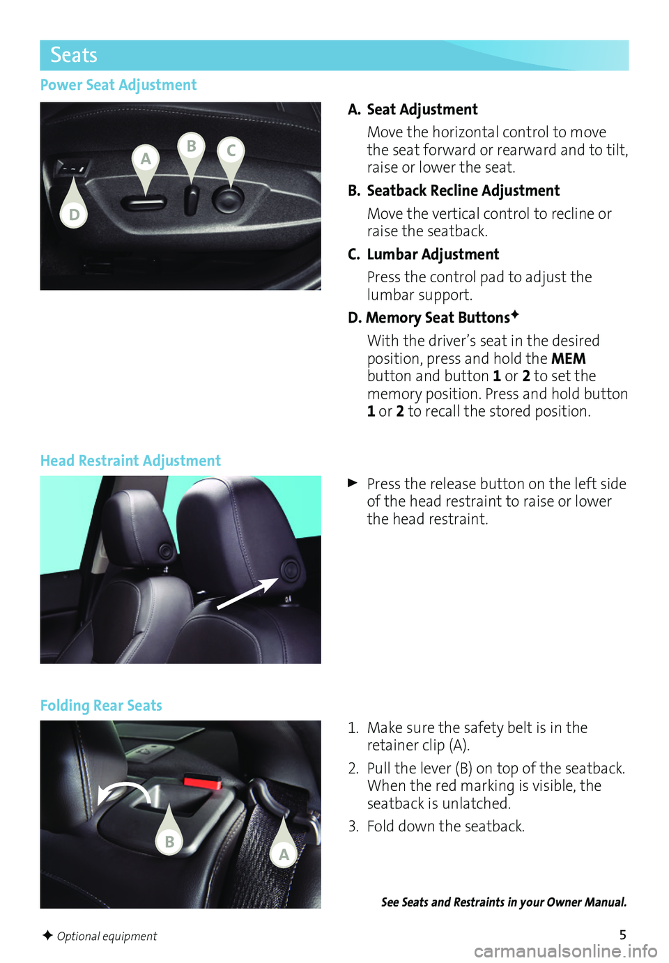 BUICK REGAL 2016  Get To Know Guide 5
Power Seat Adjustment
A. Seat Adjustment
 Move the horizontal control to move the seat forward or rearward and to tilt, raise or lower the seat.
B. Seatback Recline Adjustment
 Move the vertical con