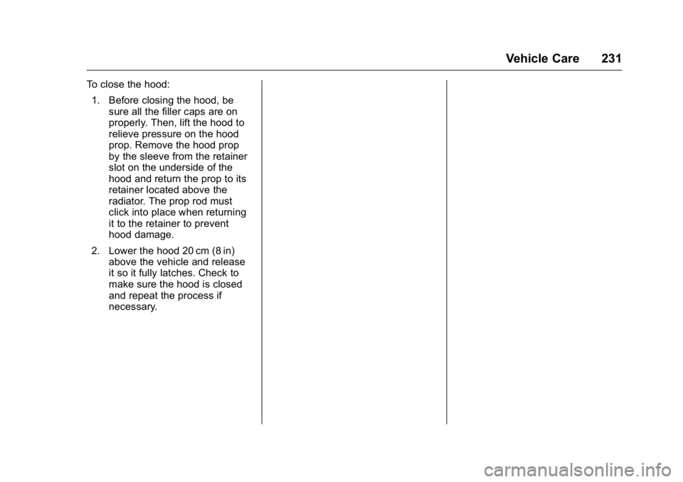 BUICK VERANO 2016 Owners Manual Buick Verano Owner Manual (GMNA-Localizing-U.S./Canada/Mexico-
9085356) - 2016 - crc - 10/20/15
Vehicle Care 231
To close the hood:1. Before closing the hood, be sure all the filler caps are on
proper BUICK VERANO 2016 Owners Manual Buick Verano Owner Manual (GMNA-Localizing-U.S./Canada/Mexico-
9085356) - 2016 - crc - 10/20/15
Vehicle Care 231
To close the hood:1. Before closing the hood, be sure all the filler caps are on
proper