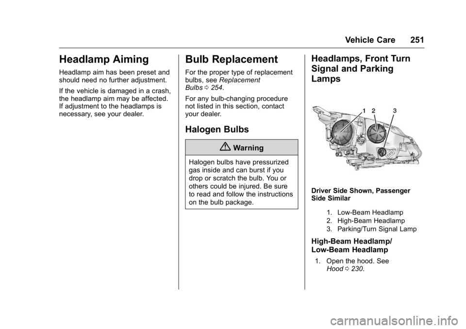 BUICK VERANO 2016  Owners Manual Buick Verano Owner Manual (GMNA-Localizing-U.S./Canada/Mexico-
9085356) - 2016 - crc - 10/20/15
Vehicle Care 251
Headlamp Aiming
Headlamp aim has been preset and
should need no further adjustment.
If 