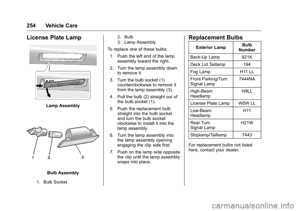 BUICK VERANO 2016  Owners Manual Buick Verano Owner Manual (GMNA-Localizing-U.S./Canada/Mexico-
9085356) - 2016 - crc - 10/20/15
254 Vehicle Care
License Plate Lamp
Lamp Assembly
Bulb Assembly
1. Bulb Socket2. Bulb
3. Lamp Assembly
T