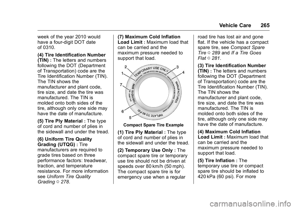 BUICK VERANO 2016  Owners Manual Buick Verano Owner Manual (GMNA-Localizing-U.S./Canada/Mexico-
9085356) - 2016 - crc - 10/20/15
Vehicle Care 265
week of the year 2010 would
have a four-digit DOT date
of 0310.
(4) Tire Identification