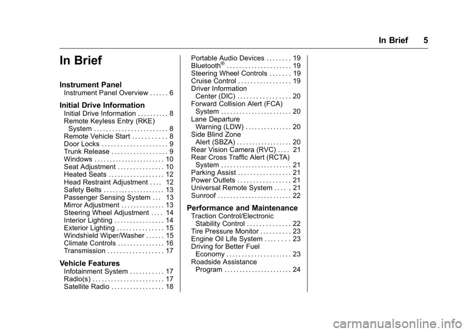 BUICK VERANO 2016  Owners Manual Buick Verano Owner Manual (GMNA-Localizing-U.S./Canada/Mexico-
9085356) - 2016 - crc - 10/19/15
In Brief 5
In Brief
Instrument Panel
Instrument Panel Overview . . . . . . 6
Initial Drive Information
I