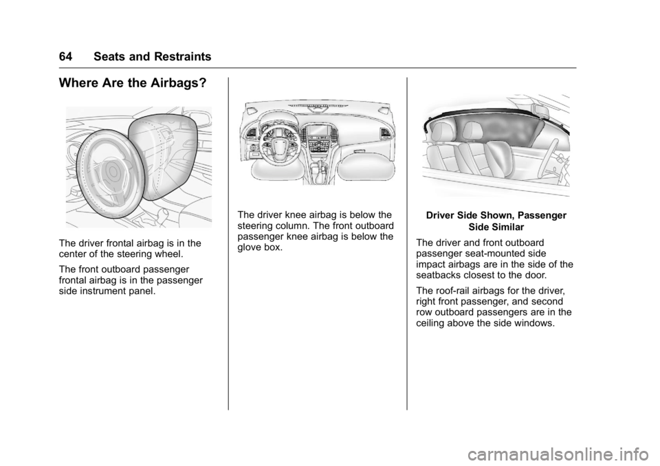 BUICK VERANO 2016  Owners Manual Buick Verano Owner Manual (GMNA-Localizing-U.S./Canada/Mexico-
9085356) - 2016 - crc - 10/19/15
64 Seats and Restraints
Where Are the Airbags?
The driver frontal airbag is in the
center of the steerin