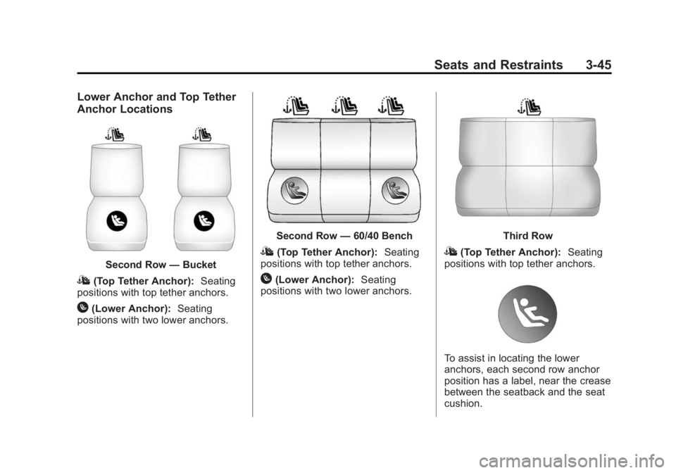 BUICK ENCLAVE 2015 Owners Manual Black plate (45,1)Buick Enclave Owner Manual (GMNA-Localizing-U.S./Canada/Mexico-
7576029) - 2015 - CRC - 8/15/14
Seats and Restraints 3-45
Lower Anchor and Top Tether
Anchor Locations
Second Row—Bu