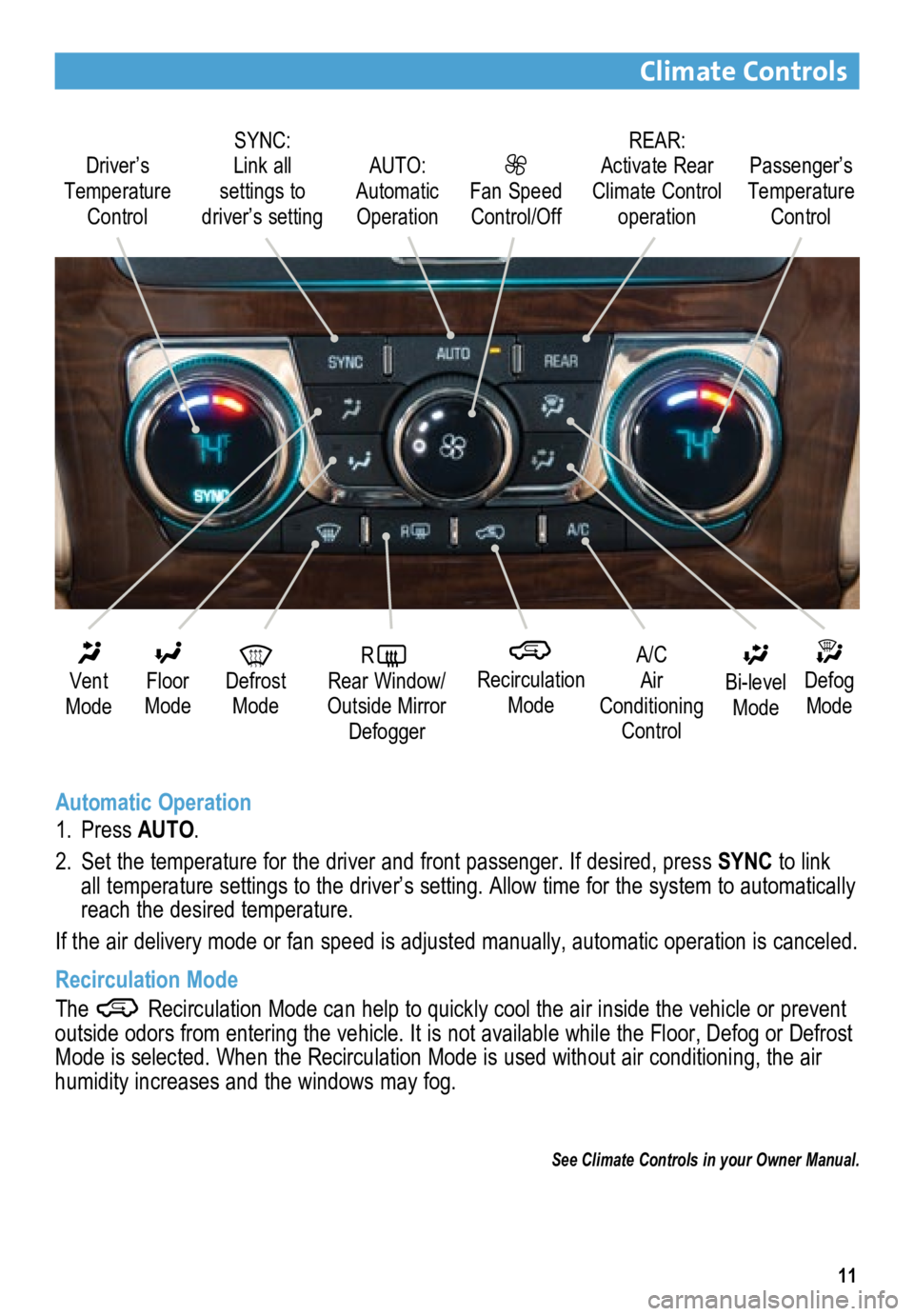 BUICK ENCLAVE 2015  Get To Know Guide 11
Climate Controls
Automatic Operation
1. Press AUTO.
2.  Set the temperature for the driver and front passenger. If desired, pres\
s SYNC  to link 
all temperature settings to the driver’s setting