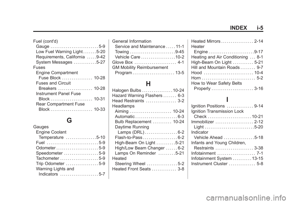 BUICK ENCORE 2015 User Guide Black plate (5,1)Buick Encore Owner Manual (GMNA-Localizing-U.S./Canada/Mexico-
7707490) - 2015 - crc - 2/4/15
INDEX i-5
Fuel (cont'd)Gauge . . . . . . . . . . . . . . . . . . . . . . . . . 5-9
Lo