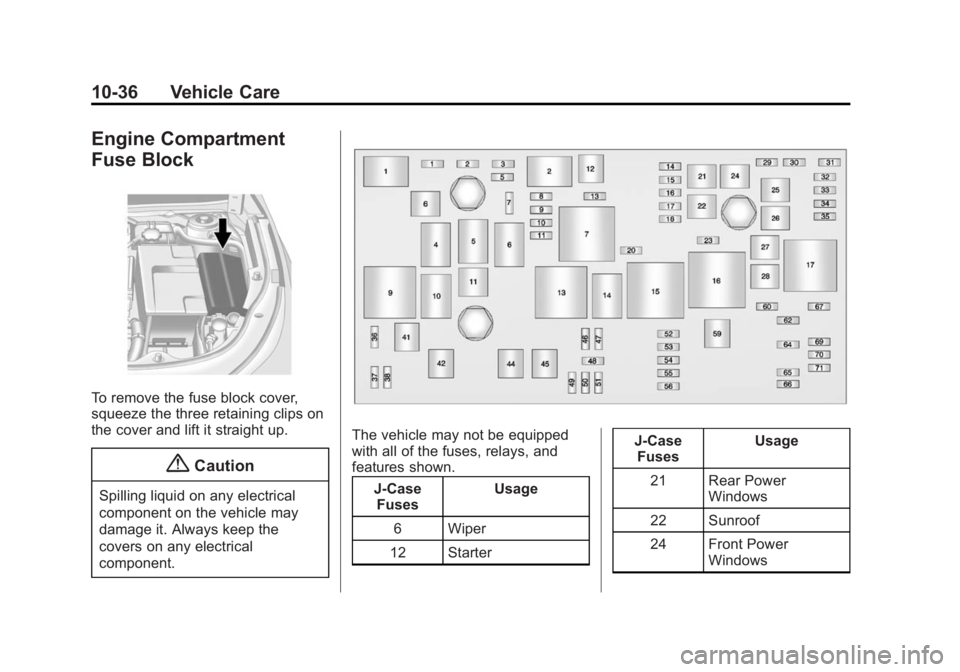 BUICK LACROSSE 2015 Owners Manual Black plate (36,1)Buick LaCrosse Owner Manual (GMNA-Localizing-U.S./Canada/Mexico-
7707475) - 2015 - CRC - 10/9/14
10-36 Vehicle Care
Engine Compartment
Fuse Block
To remove the fuse block cover,
sque BUICK LACROSSE 2015 Owners Manual Black plate (36,1)Buick LaCrosse Owner Manual (GMNA-Localizing-U.S./Canada/Mexico-
7707475) - 2015 - CRC - 10/9/14
10-36 Vehicle Care
Engine Compartment
Fuse Block
To remove the fuse block cover,
sque